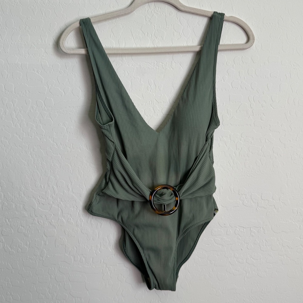 Summersalt The Cinched One Piece Swimsuit Sage Green Ribbed Tortoise Buckle 6